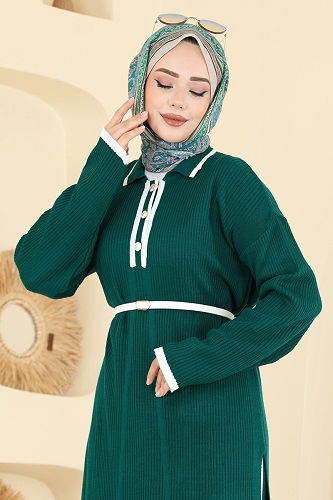 moda selvim Derin Yırtmaçlı Triko Takım 503TPK1167 Zümrüt - Thumbnail