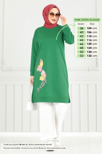 U.Z. - Desen Baskılı Tesettür Takım 5093UZ662 Benetton Yeşili&Ekru