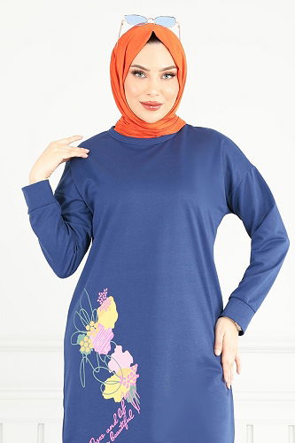 moda selvim Desen Baskılı Tesettür Takım 5093UZ662 İndigo - Thumbnail