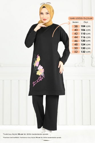 moda selvim Desen Baskılı Tesettür Takım 5093UZ662 Siyah - Thumbnail