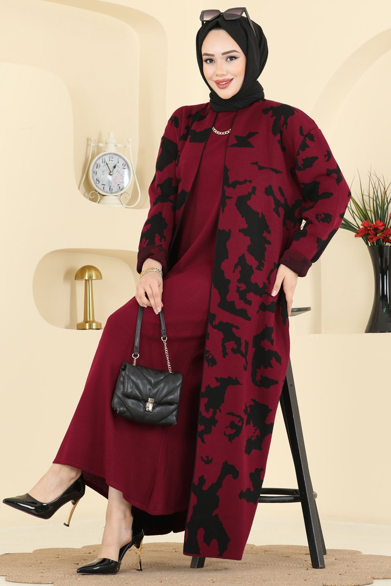 Desen Detaylı Elbiseli Takım 2768AYD574 Bordo
