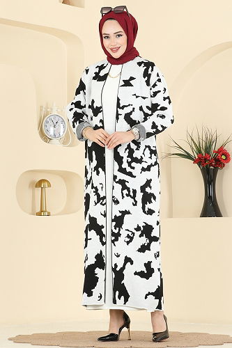 moda selvim Desen Detaylı Elbiseli Takım 2768AYD574 Ekru - Thumbnail