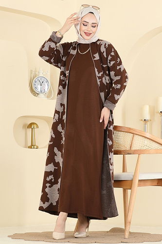 moda selvim Desen Detaylı Elbiseli Takım 2768AYD574 Kahve - Thumbnail