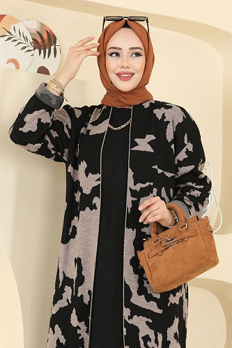 moda selvim Desen Detaylı Elbiseli Takım 2768AYD574 Siyah - Thumbnail