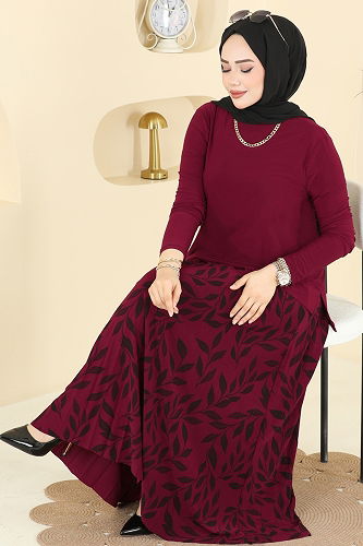 moda selvim Desenli 2 li Etek Takım 5580ZNN863 Bordo - Thumbnail