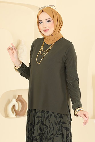 moda selvim Desenli 2 li Etek Takım 5580ZNN863 Haki - Thumbnail