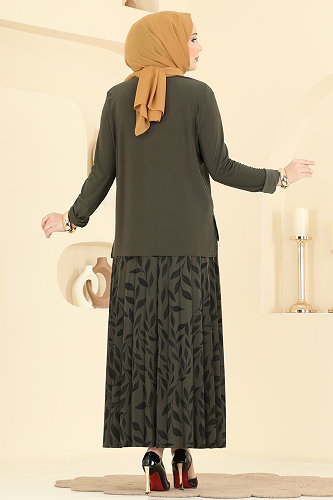 moda selvim Desenli 2 li Etek Takım 5580ZNN863 Haki - Thumbnail