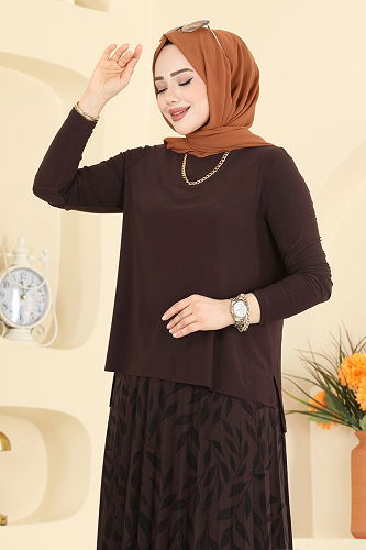 moda selvim Desenli 2 li Etek Takım 5580ZNN863 Kahve - Thumbnail