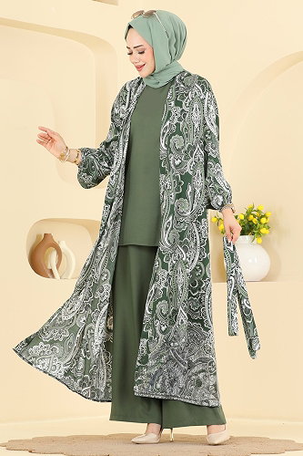 moda selvim Desenli 3 lü Şık Takım 3425BLU797 Haki - Thumbnail
