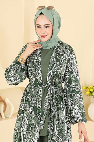 moda selvim Desenli 3 lü Şık Takım 3425BLU797 Haki - Thumbnail