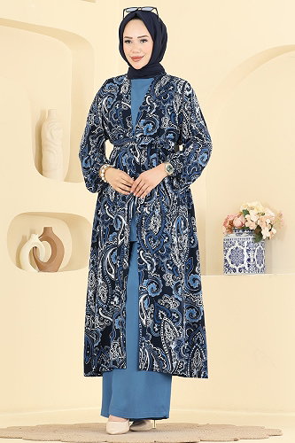 moda selvim Desenli 3 lü Şık Takım 3425BLU797 Laci - Thumbnail
