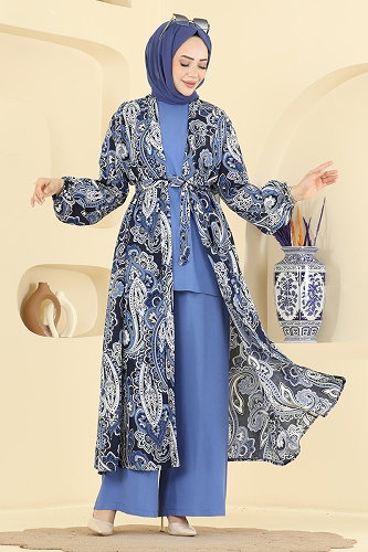 moda selvim Desenli 3 lü Şık Takım 3425BLU797 Laci&Mavi - Thumbnail