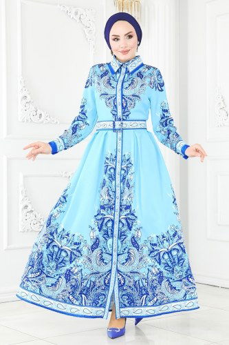 moda selvim Desenli Atlas Elbise 23134JNF844 Mavi - Thumbnail