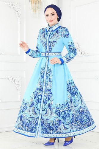 moda selvim Desenli Atlas Elbise 23134JNF844 Mavi - Thumbnail