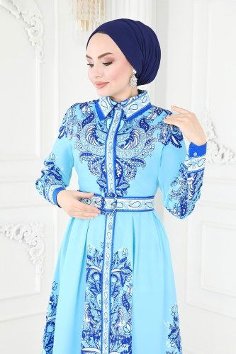 moda selvim Desenli Atlas Elbise 23134JNF844 Mavi - Thumbnail