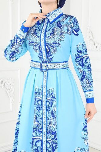 moda selvim Desenli Atlas Elbise 23134JNF844 Mavi - Thumbnail