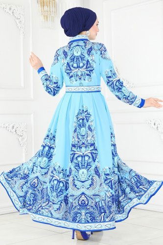 moda selvim Desenli Atlas Elbise 23134JNF844 Mavi - Thumbnail