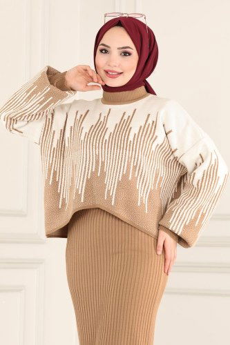 moda selvim Desenli Bolerolu Triko Takım 745MT581 Latte - Thumbnail