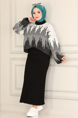 moda selvim Desenli Bolerolu Triko Takım 745MT581 Siyah - Thumbnail