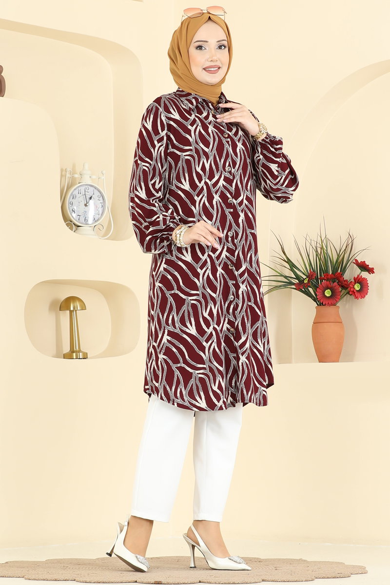Desenli Boydan Düğmeli Tunik 2003ERK1158 Bordo