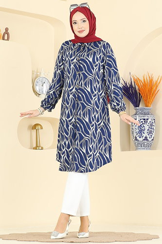 moda selvim Desenli Boydan Düğmeli Tunik 2003ERK1158 İndigo - Thumbnail