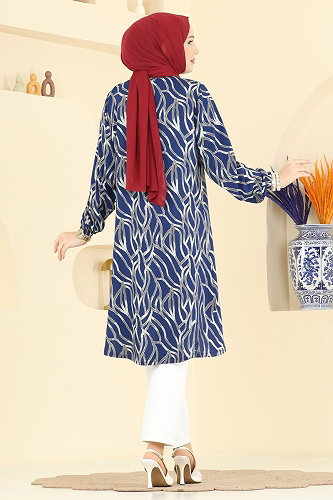 moda selvim Desenli Boydan Düğmeli Tunik 2003ERK1158 İndigo - Thumbnail