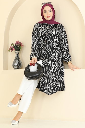 moda selvim Desenli Boydan Düğmeli Tunik 2003ERK1158 Siyah - Thumbnail
