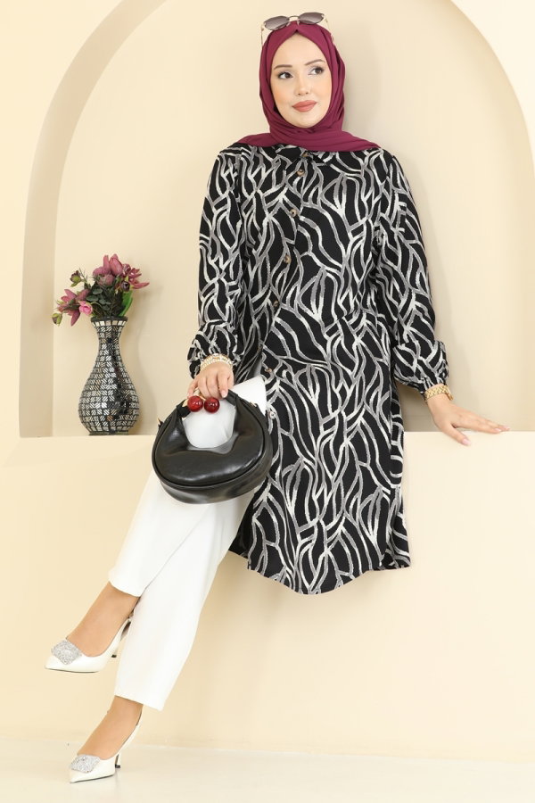 Modaselvim Tunik Desenli Boydan Düğmeli Tunik 2003ERK1158 Siyah