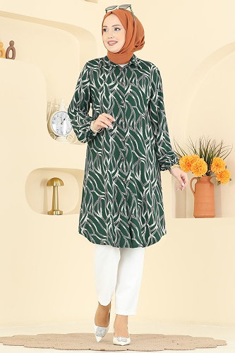 moda selvim Desenli Boydan Düğmeli Tunik 2003ERK1158 Yeşil - Thumbnail