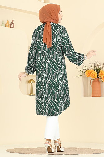 moda selvim Desenli Boydan Düğmeli Tunik 2003ERK1158 Yeşil - Thumbnail
