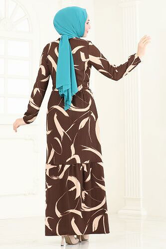 moda selvim Desenli Bürümcük Elbise 5010UZ662 Kahve - Thumbnail