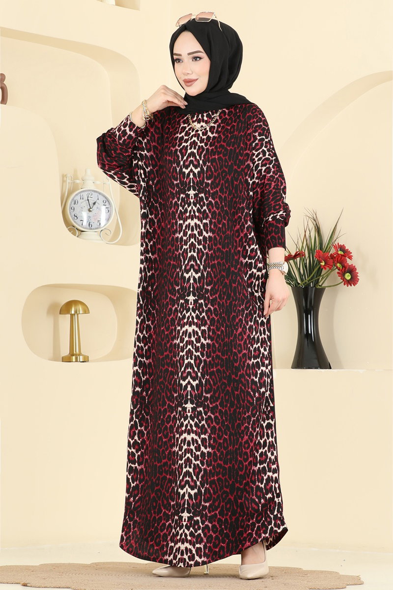 m୨୧⑅* Desenli Bürümcük Elbise 7137ERK1158 Desen2 Bordo - Moda Selvim