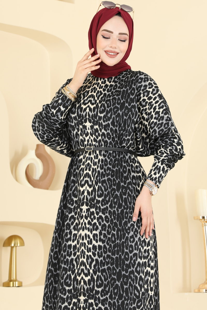 Desenli Bürümcük Elbise 7137ERK1158 Desen2 Leopar&Siyah - Moda Selvim