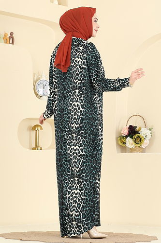 moda selvim Desenli Bürümcük Elbise 7137ERK1158 Desen2 Zümrüt - Thumbnail