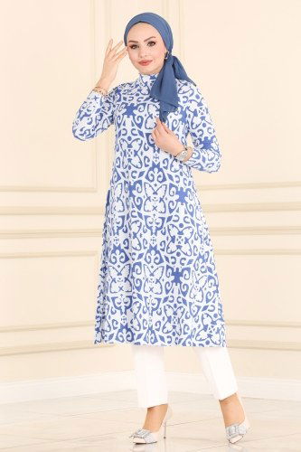 moda selvim Desenli Bürümcük Tunik 4350-1NWF762 Desen 1 Mavi - Thumbnail
