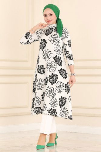moda selvim Desenli Bürümcük Tunik 4350-1NWF762 Desen 2 Siyah - Thumbnail
