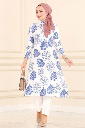 moda selvim Desenli Bürümcük Tunik 4350-1NWF762 Desen2 Mavi - Thumbnail