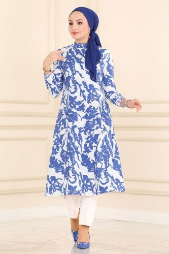 moda selvim Desenli Bürümcük Tunik 4350NWF762 Saks - Thumbnail