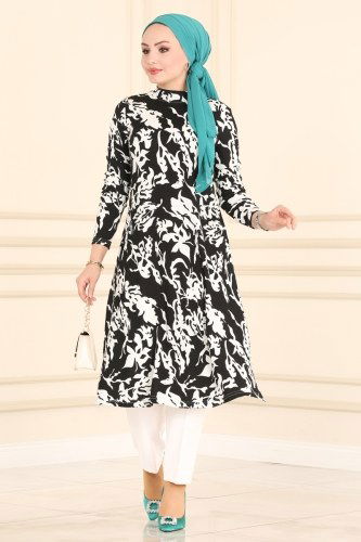 moda selvim Desenli Bürümcük Tunik 4350NWF762 Siyah - Thumbnail
