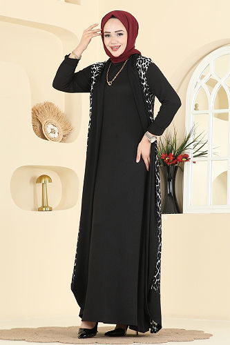 moda selvim Desenli Bürümcük Yelekli Takım 0350ERK1158 Desen 1 Siyah - Thumbnail