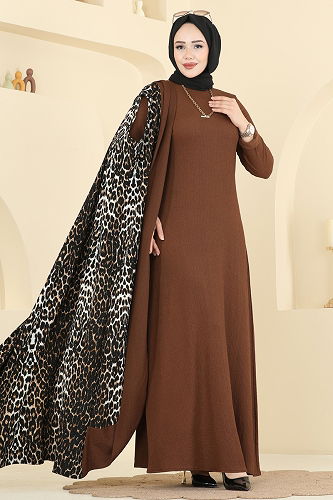 moda selvim Desenli Bürümcük Yelekli Takım 0350ERK1158 Desen 1 Taba - Thumbnail