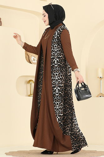 moda selvim Desenli Bürümcük Yelekli Takım 0350ERK1158 Desen 1 Taba - Thumbnail