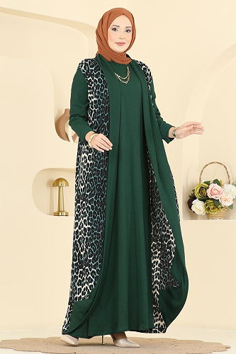 moda selvim Desenli Bürümcük Yelekli Takım 0350ERK1158 Desen 1 Zümrüt - Thumbnail