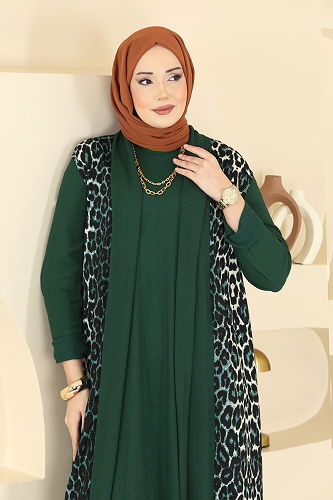 moda selvim Desenli Bürümcük Yelekli Takım 0350ERK1158 Desen 1 Zümrüt - Thumbnail