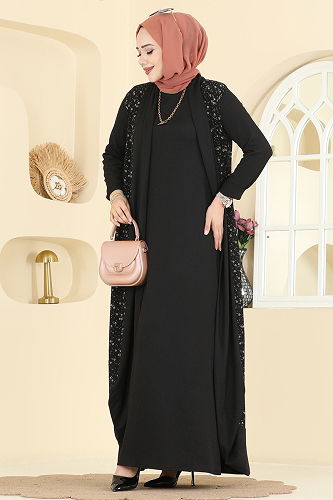 moda selvim Desenli Bürümcük Yelekli Takım 0350ERK1158 Desen 2 Siyah - Thumbnail