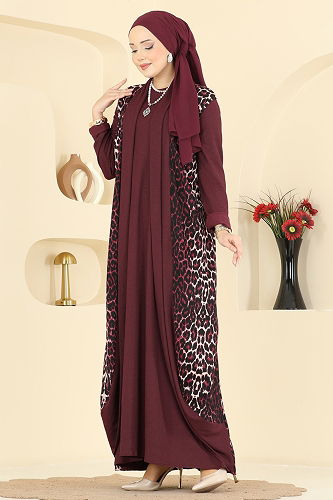 moda selvim Desenli Bürümcük Yelekli Takım 0350ERK1158 Desen1 Bordo - Thumbnail