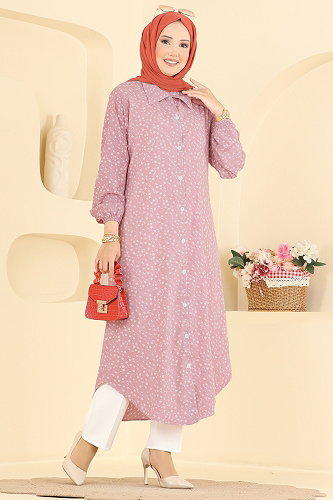 moda selvim Desenli Düğme Detaylı Tunik 208NZRK1200 Gül Kurusu - Thumbnail