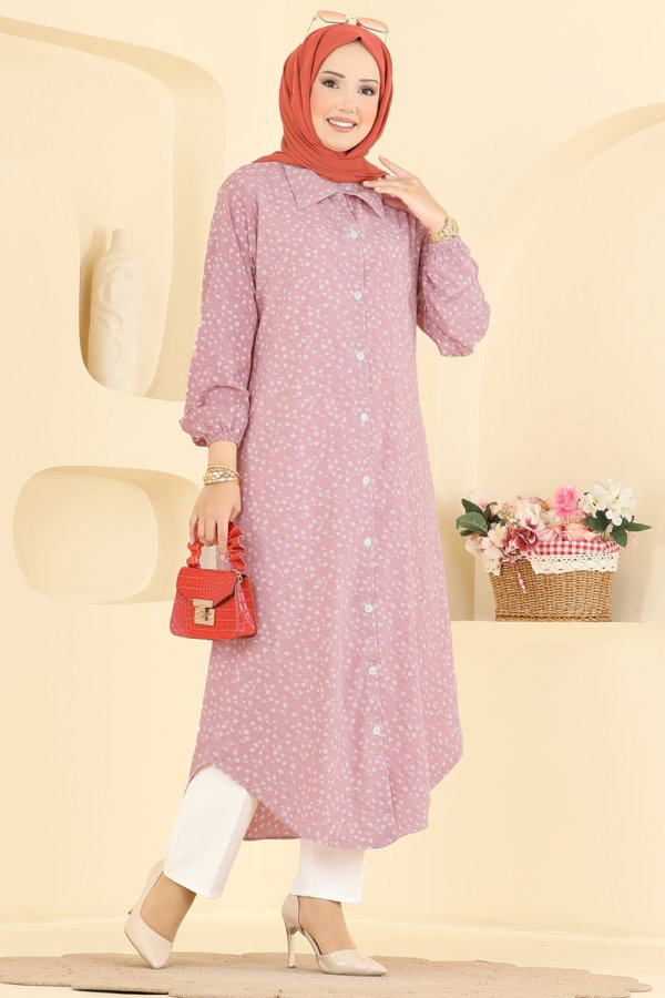 Modaselvim Tunik Desenli Düğme Detaylı Tunik 208NZRK1200 Gül Kurusu