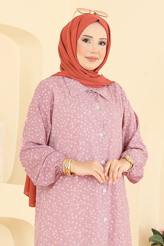 moda selvim Desenli Düğme Detaylı Tunik 208NZRK1200 Gül Kurusu - Thumbnail