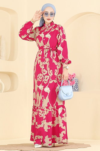 moda selvim Desenli Düğmeli Modal Elbise 155NZRK1200 Desen 1 - Thumbnail